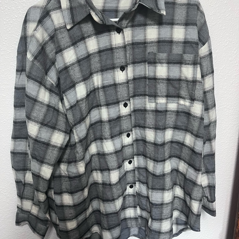 Gray and White Plaid Button-Up Shirt